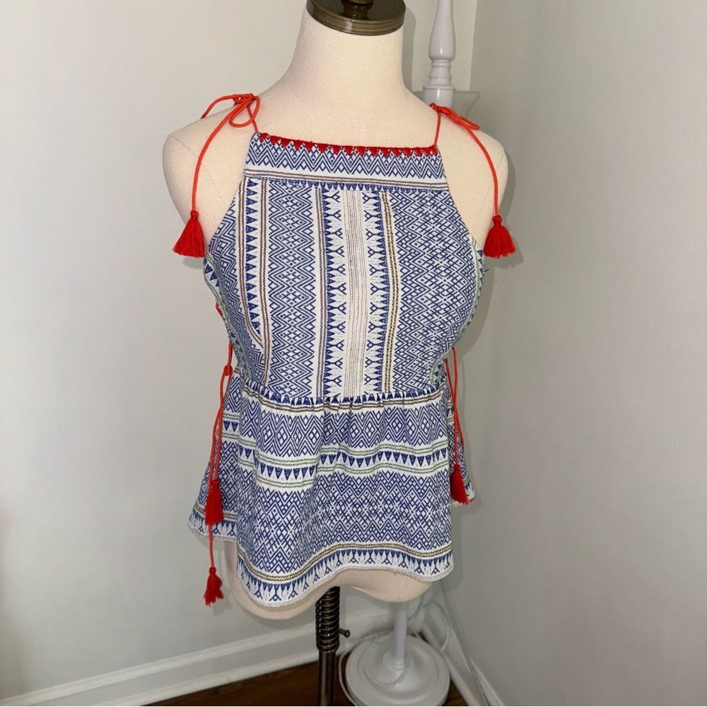 SAYLOR Small Aztec Blue Orange White Peplum Tank Top Blouse Shirt